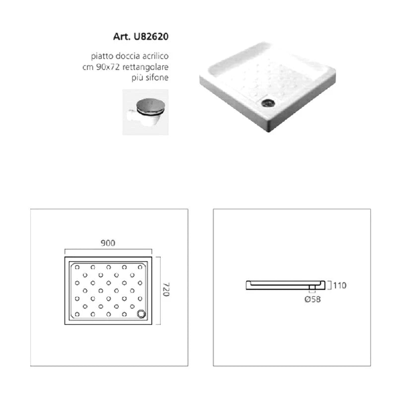 Piatto doccia 90x72 in acrilico con sifone di scarico incluso
