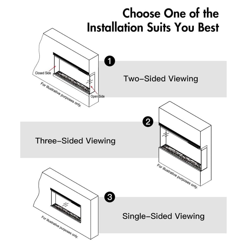 Camino Elettrico Da Parete A Incasso 3 Lati 127x20x44 cm Boston Nero