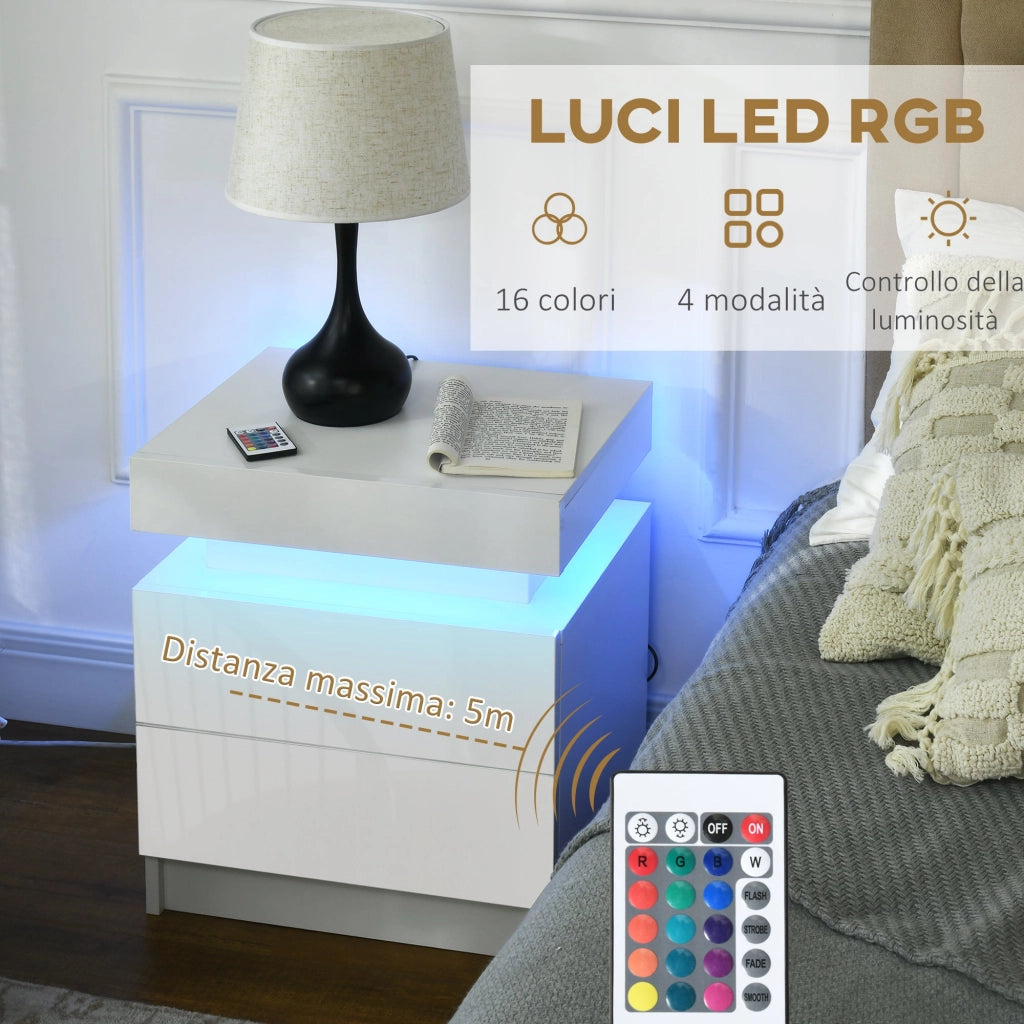 Comodino con LED RGB 45x35x52 cm 2 Cassetti in Truciolato Bianco