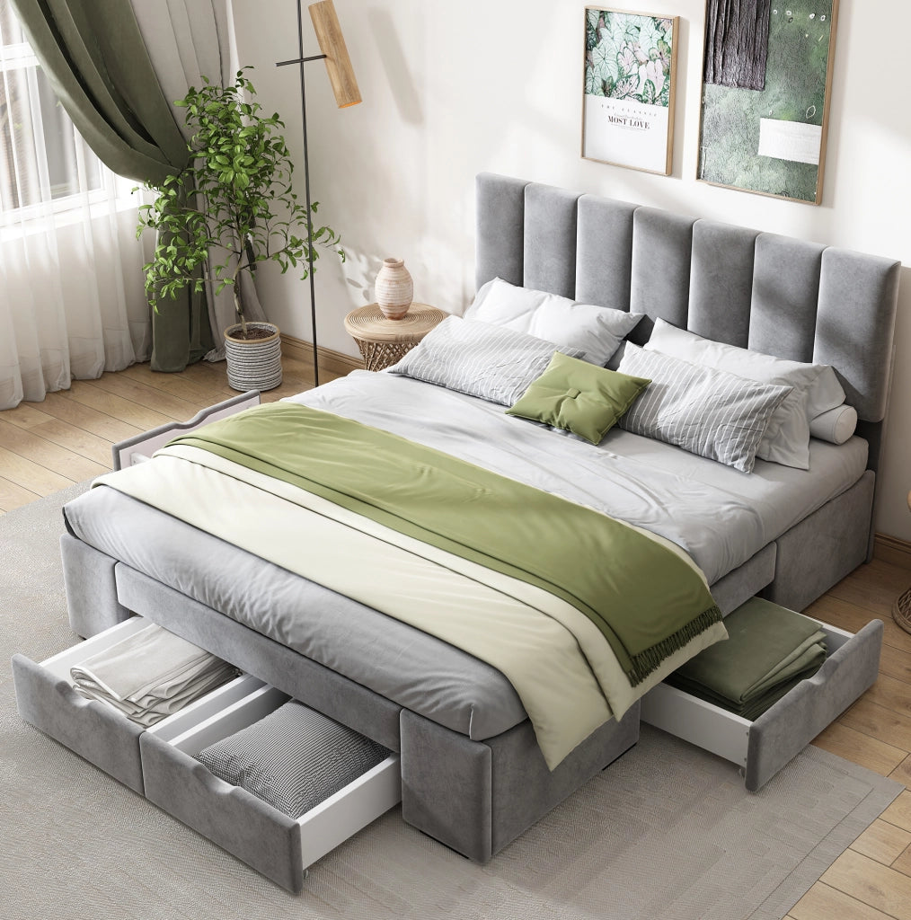 Letto imbottito 140x200 cm; con 4 cassetti e testiera regolabile; velluto grigio (Senza materasso)