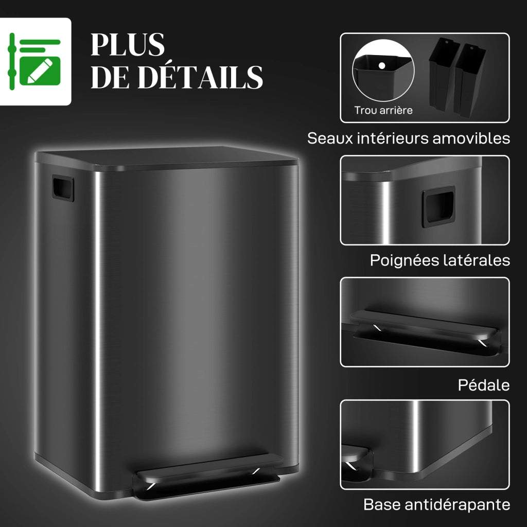 Pattumiera da Cucina 2 Scomparti ¨C Xylo ¨C 2x30L Acciaio Inox Chiusura Soft 47,7x37,5x66,8cm Nero
