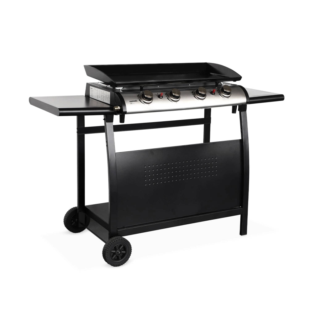Piastra plancha a gas in acciaio inox con 4 bruciatori 10kw, carrello