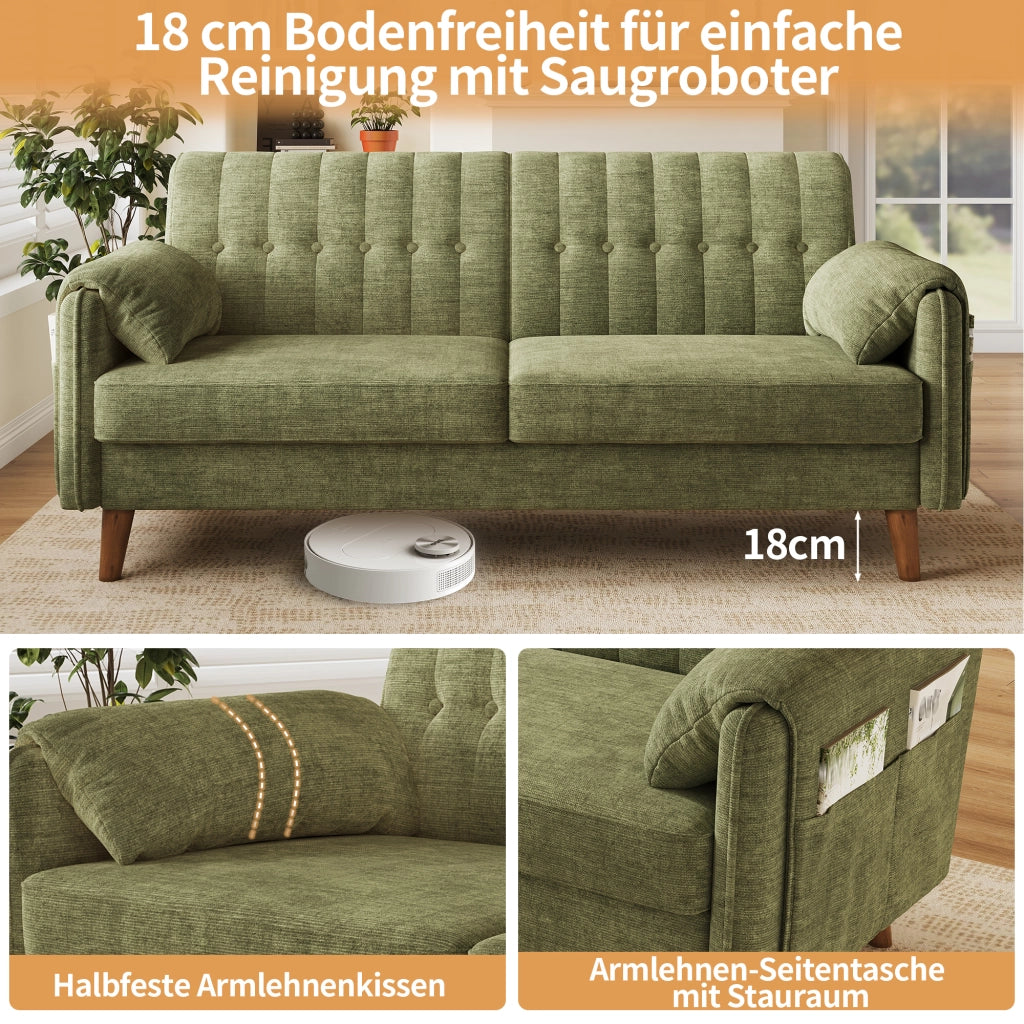 Divano a 2 posti in chenille con cuscino seduta spesso, schienale trapuntato, tasche laterali e cuscini bracciolo, verde