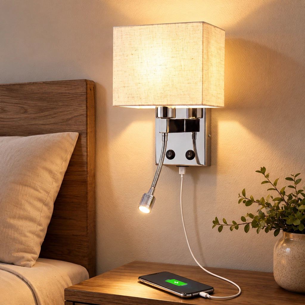 ZMH Lampada da Parete LED con Porta USB e Lettura 2W Paralume Tessuto E27 Interruttore per Camera Hotel Senza Lampadina