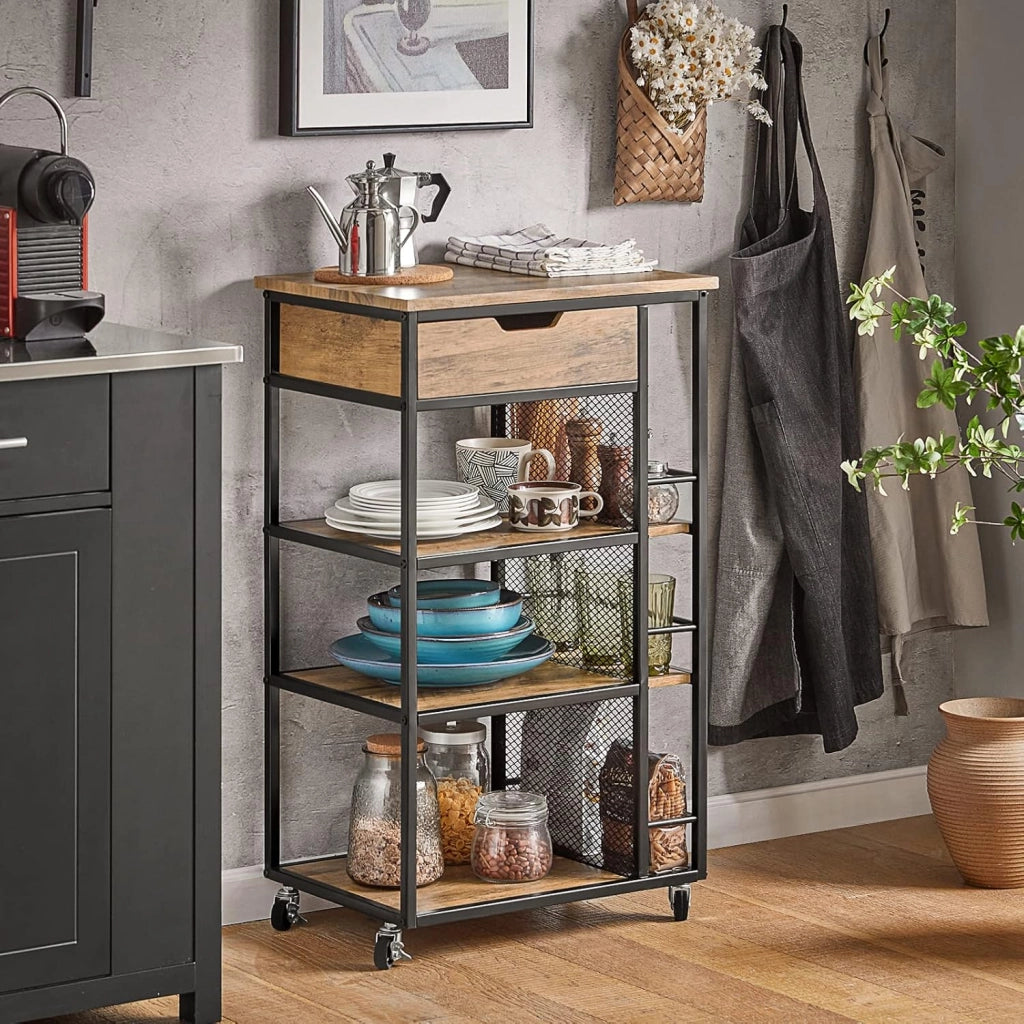 Carrello Cucina con Ruote, Mobiletto Cucina Salvaspazio con 1 Cassetto, 3 Ripiani e Ripiani Laterali, Credenza Cucina o Bagno, Mobiletto Cucina Dispensa Stile Vintage 50 x 37 x 87 cm FKW99-N