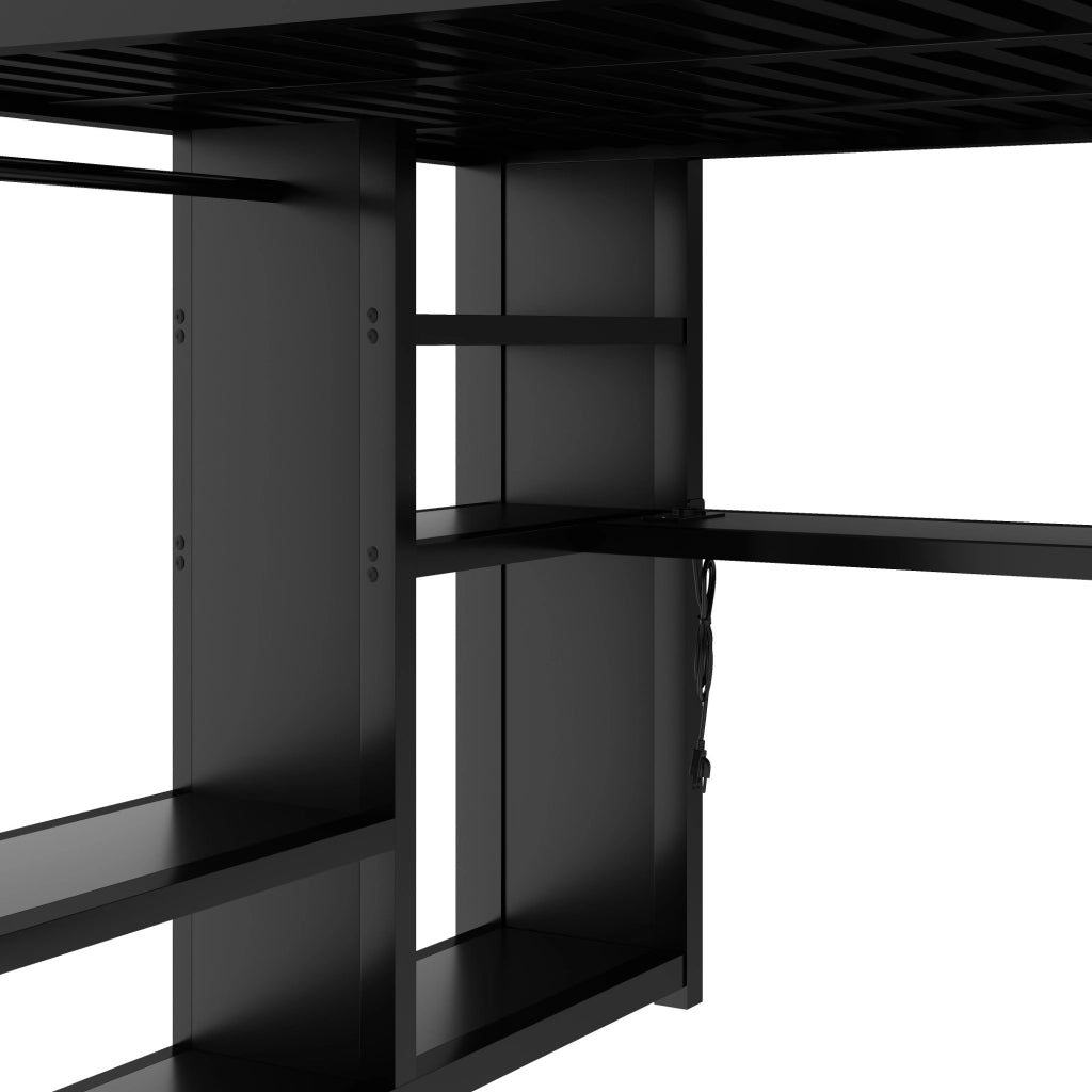 Letto a Soppalco 160x200 cm; Letto Matrimoniale - Scrivania; LED e Armadio in Metallo
