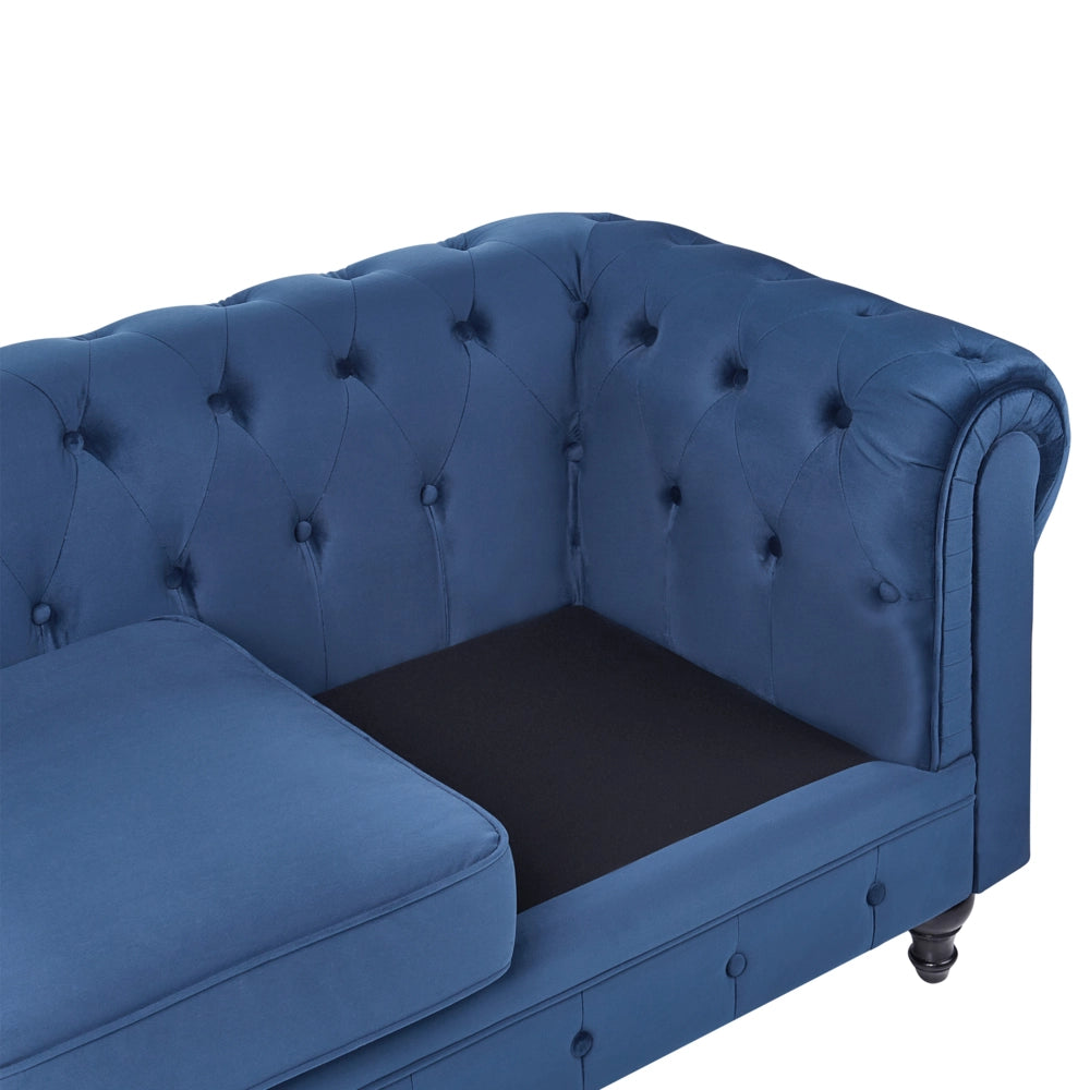 Divano Chesterfield Tessuto Velluto Blu Rivestimento Gambe Nere 3 Posti Contemporaneo