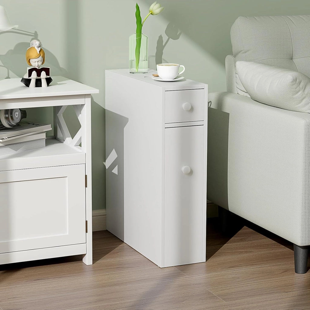 Mobile portaoggetti stretto con 2 cassetti, armadio salvaspazio ideale per spazio di ripostiglio, colonna del bagno, cucina, ufficio, WC, 48 x 16 x 58 cm (bianco)