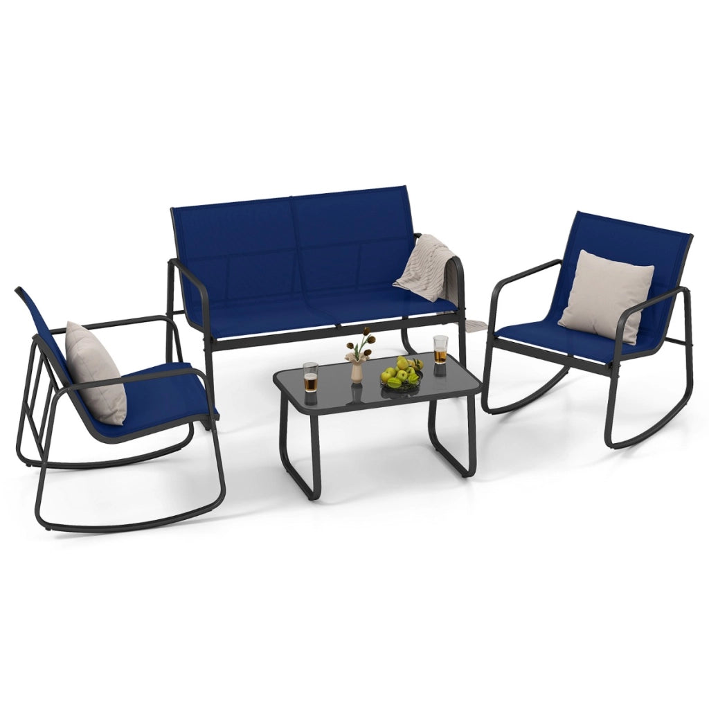 Set di mobili da giardino 4 pezzi di sedute per 4 persone, Mobili per terrazza con dolce movimento oscillante Blu-Sedie da esterno