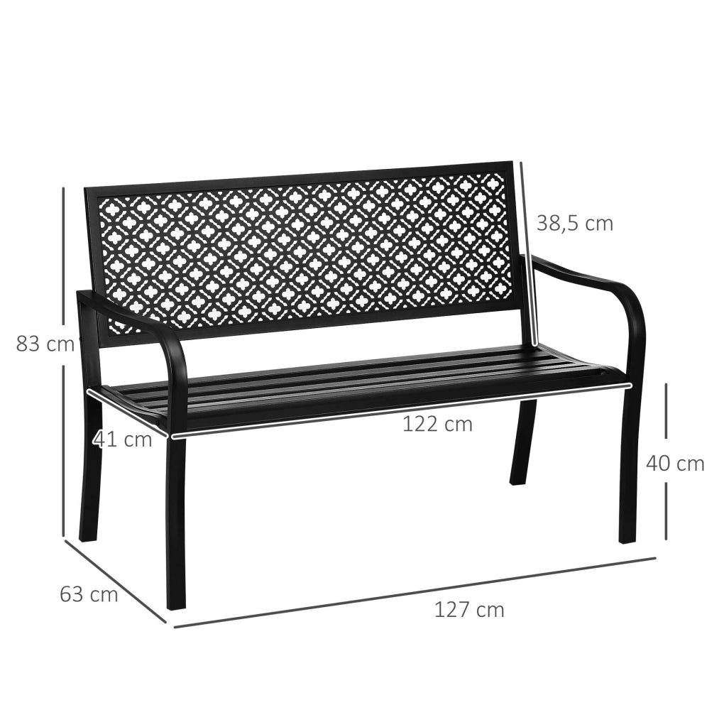 Panca da giardino 2 posti con schienale e braccioli in acciaio nero 127 x 63 x 83 cm