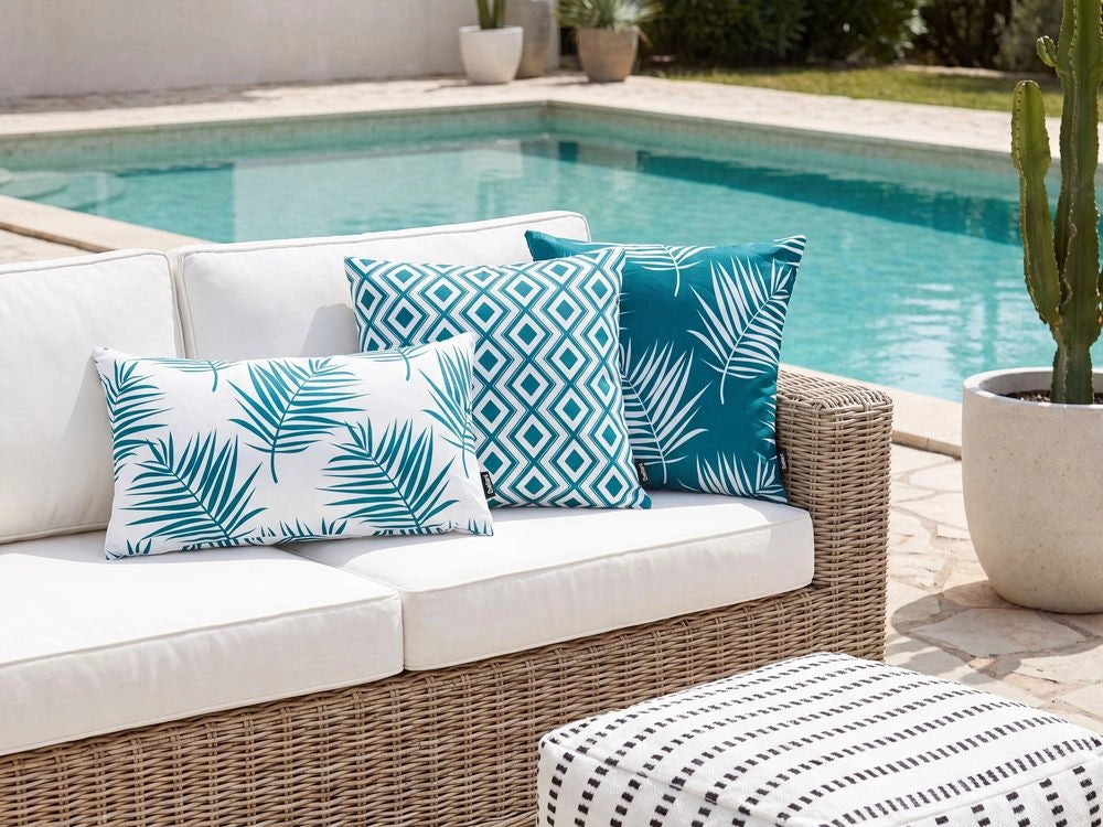Set di 3 Cuscini Decorativi da Esterno Turchese in Poliestere per Giardino con Motivo Floreale