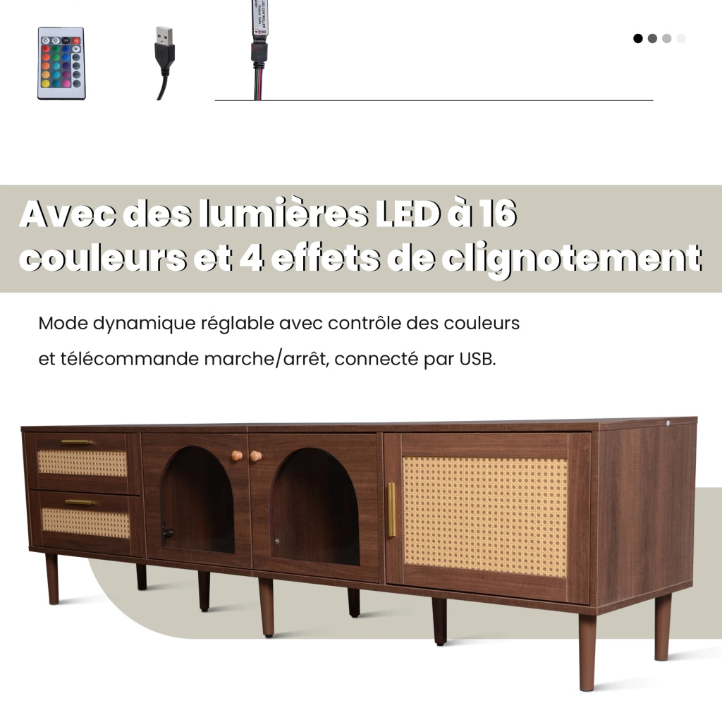 Mobile TV con 3 Ante; 2 Cassetti in Rattan e LED; Ante in Vetro; Stile Naturale; 180¡Á40¡Á50 cm; in Truciolare; Marrone