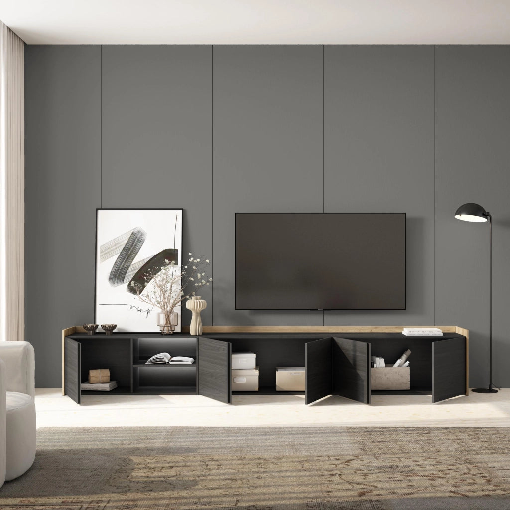 Mobile TV Soggiorno, 309x50x35 cm, Per TV fino a 80", LED, Nero e rovere