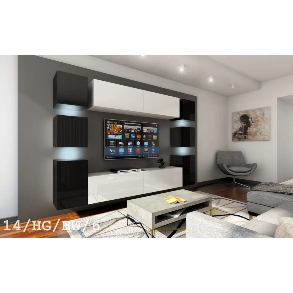 Set di mobili da soggiorno nero e bianco sospesi collezione CEPTO XIV. 256cm, 10 mobili, 10 porte, led.