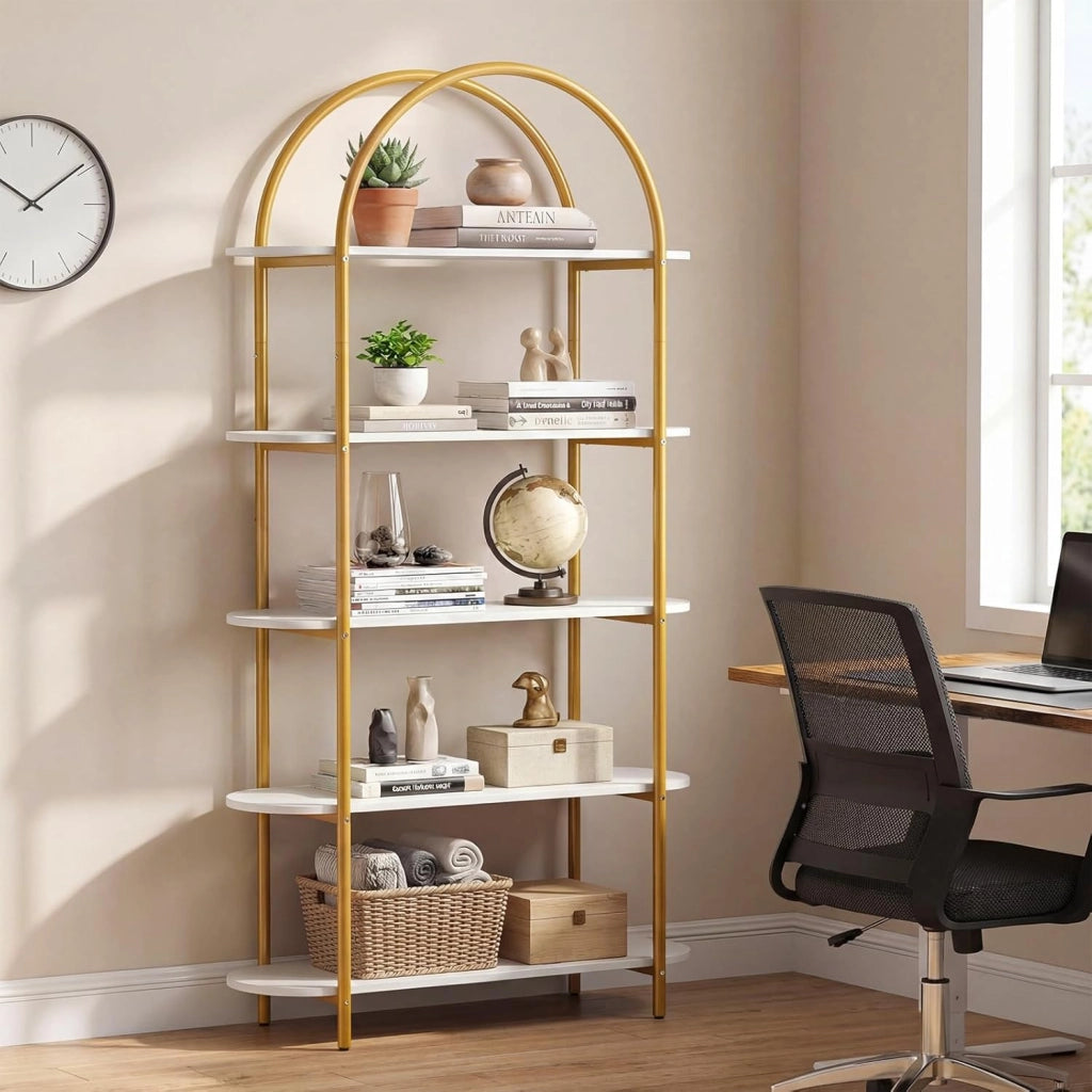 Scaffale a 4 Ripiani con Design ad Arco, Libreria con Ripiani Aperti e Telaio in Metallo, per Camera da Letto, Soggiorno e Ufficio, 95 x 34 x 156 cm (Oro E Bianco)