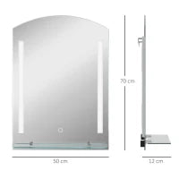 kleankin Specchio per Bagno con Luce LED Regolabile a 3 Colori e Mensola in Vetro, 50x12x70 cm, Argento