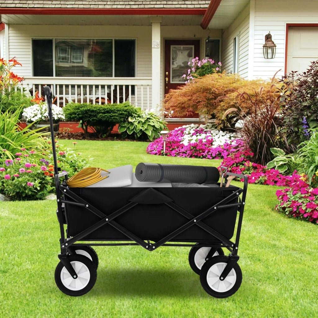 Carrello da Spiaggia Pieghevole, Carrello con Ruote Portatutto con Maniglia Regolabile, 2 Tasche a Rete e Portabicchieri, Carretto Giardino Portatile per Campeggio, Shopping e Mare (Nero)
