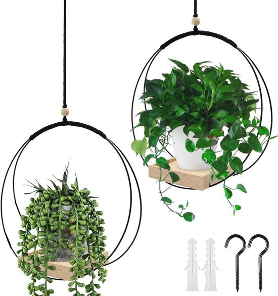 Sospensioni per piante con base in legno 93 cm con anello in metallo e cavo di sospensione, vaso per fiori per pareti e soffitti 2 pezzi neri