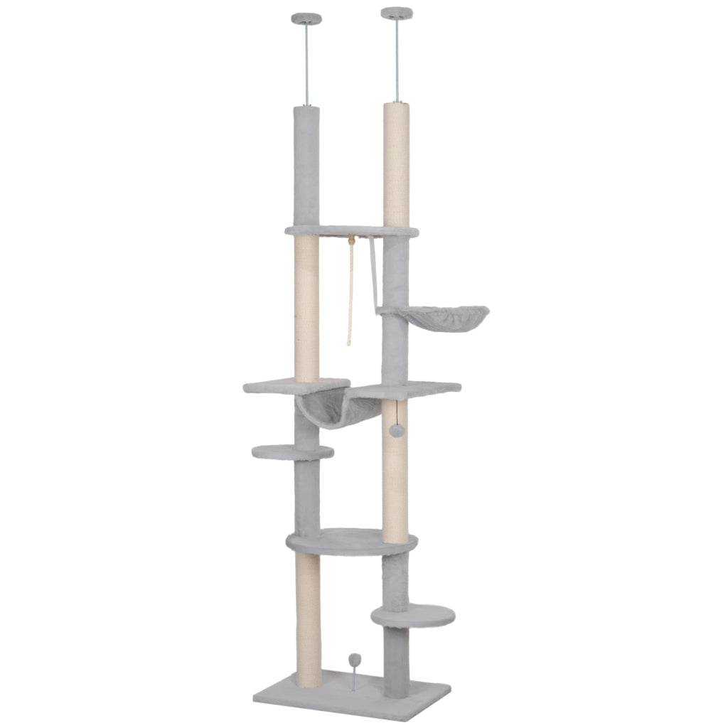 Tiragraffi per Gatti da Pavimento a Soffitto ¨C Xylo ¨C 225-255 cm Grigio con Amache Piattaforme