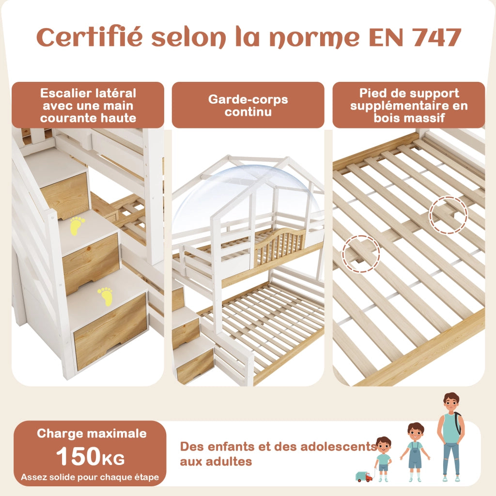 Letto a castello per bambini stile cabana con scala e ripiani LEMONMAX; 90x200 e 140x200 cm; bianco e naturale