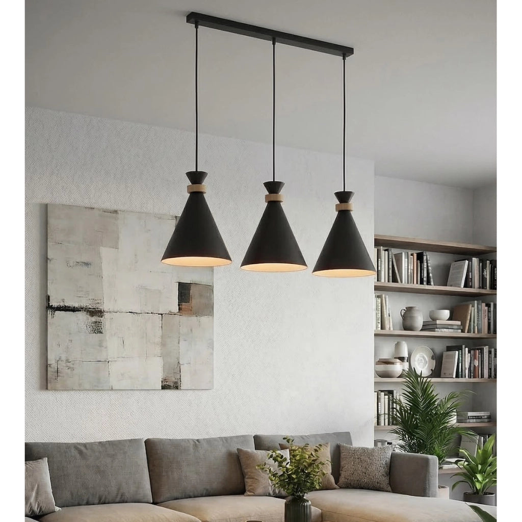 Lampada a sospensione Zero in acciaio nero opaco e legno