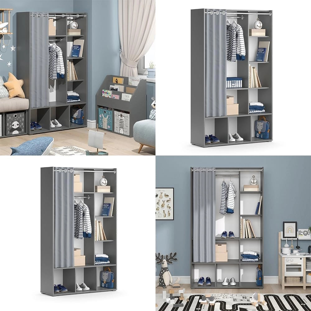Guardaroba per bambini Luigi, Grigio, 105.8 x 178.1 cm con appendiabiti a tenda, combinabile con altri mobili della serie Luigi