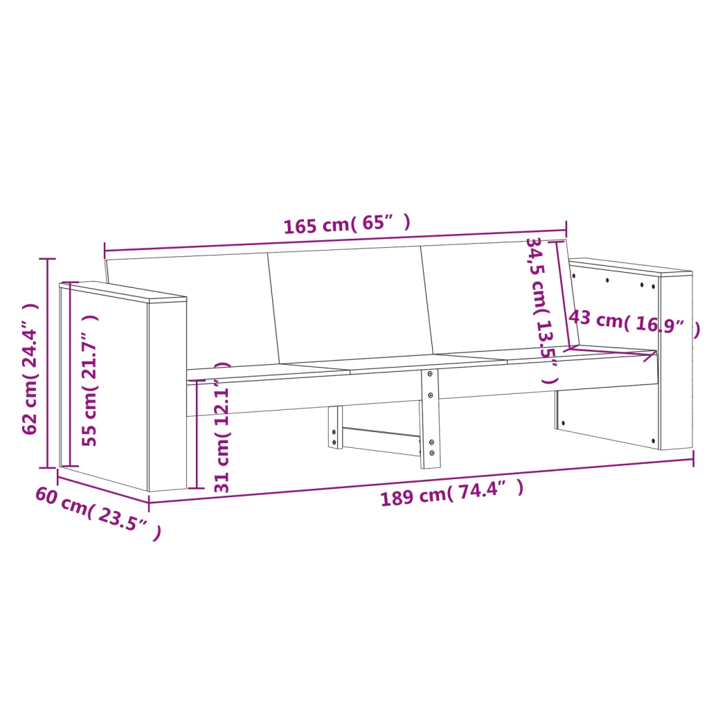 Divano Giardino 3 Posti-Sofa da Giardino-Divanetto da esterno Bianco 189x60x62 cm Legno Massello Pino