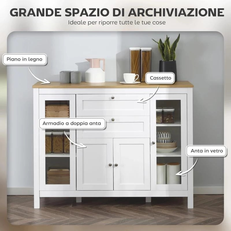 MOBILE CUCINA CON 2 CASSETTI E 3 ARMADIETTI, ANTE IN VETRO E RIPIANI REGOLABILI, 120X40X90 CM, BIANCO E ROVERE