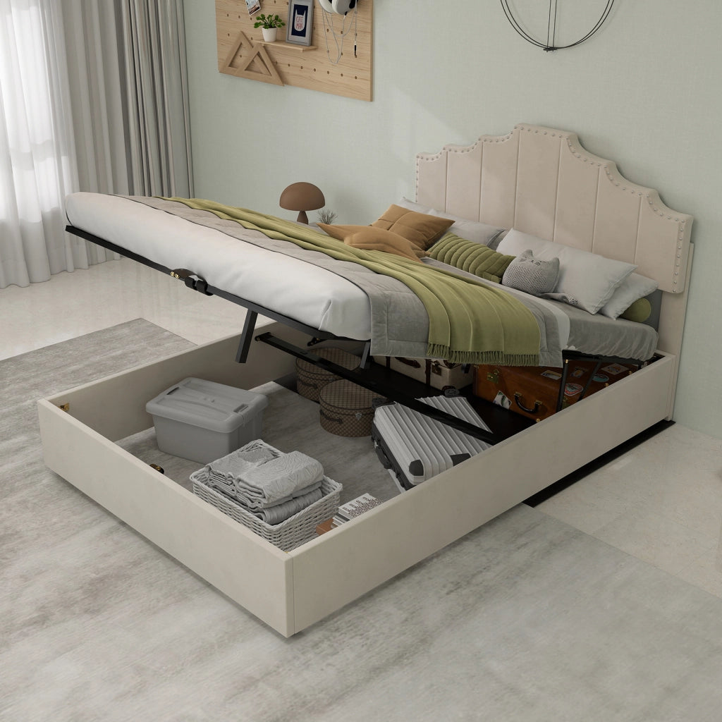 Letto Contenitore Imbottito ¨C MINIMAL ¨C Testiera Morbida, Beige, 140x200