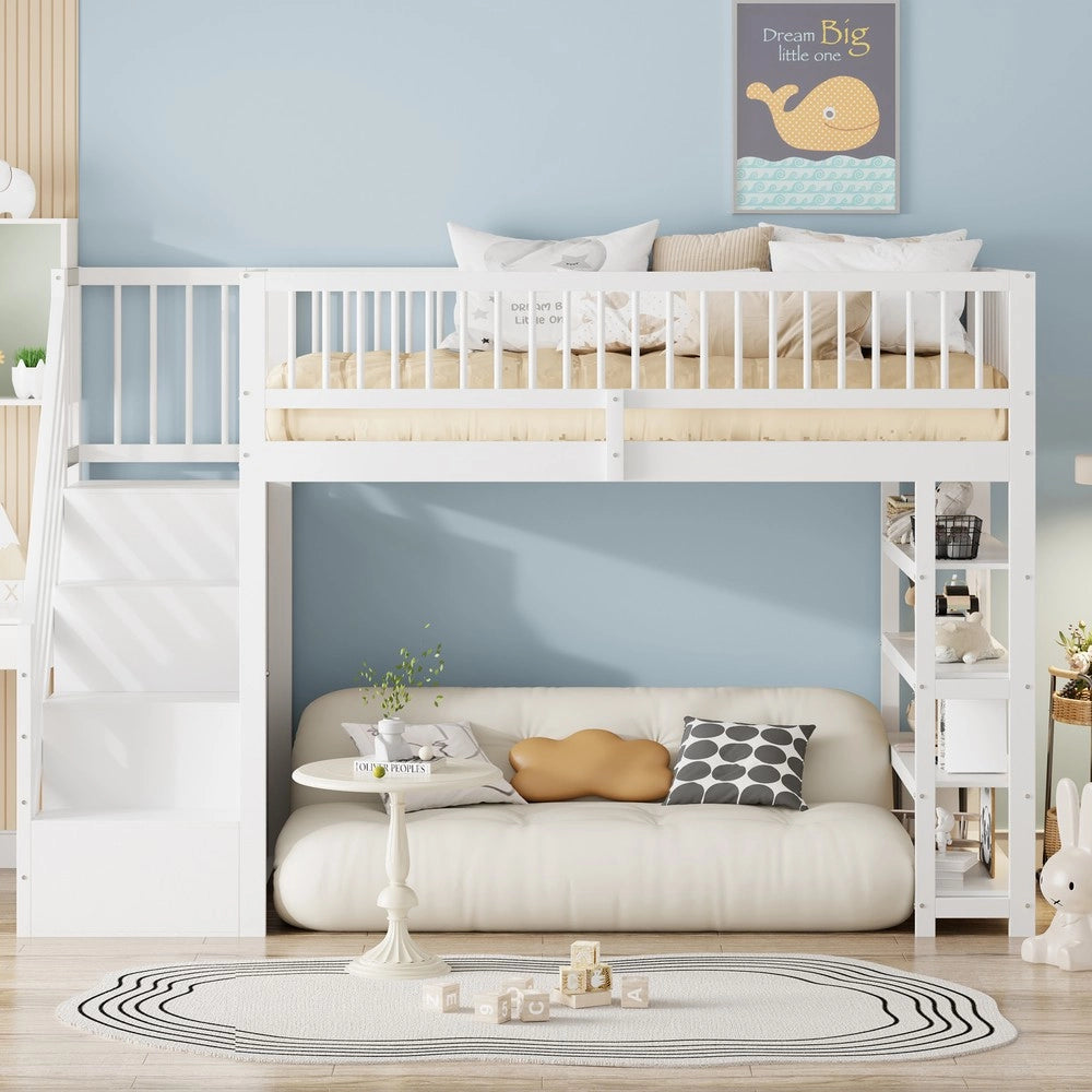 Letto a Soppalco con Armadio e Scaffali ¨C MINIMAL ¨C Massello Bianco 90x200