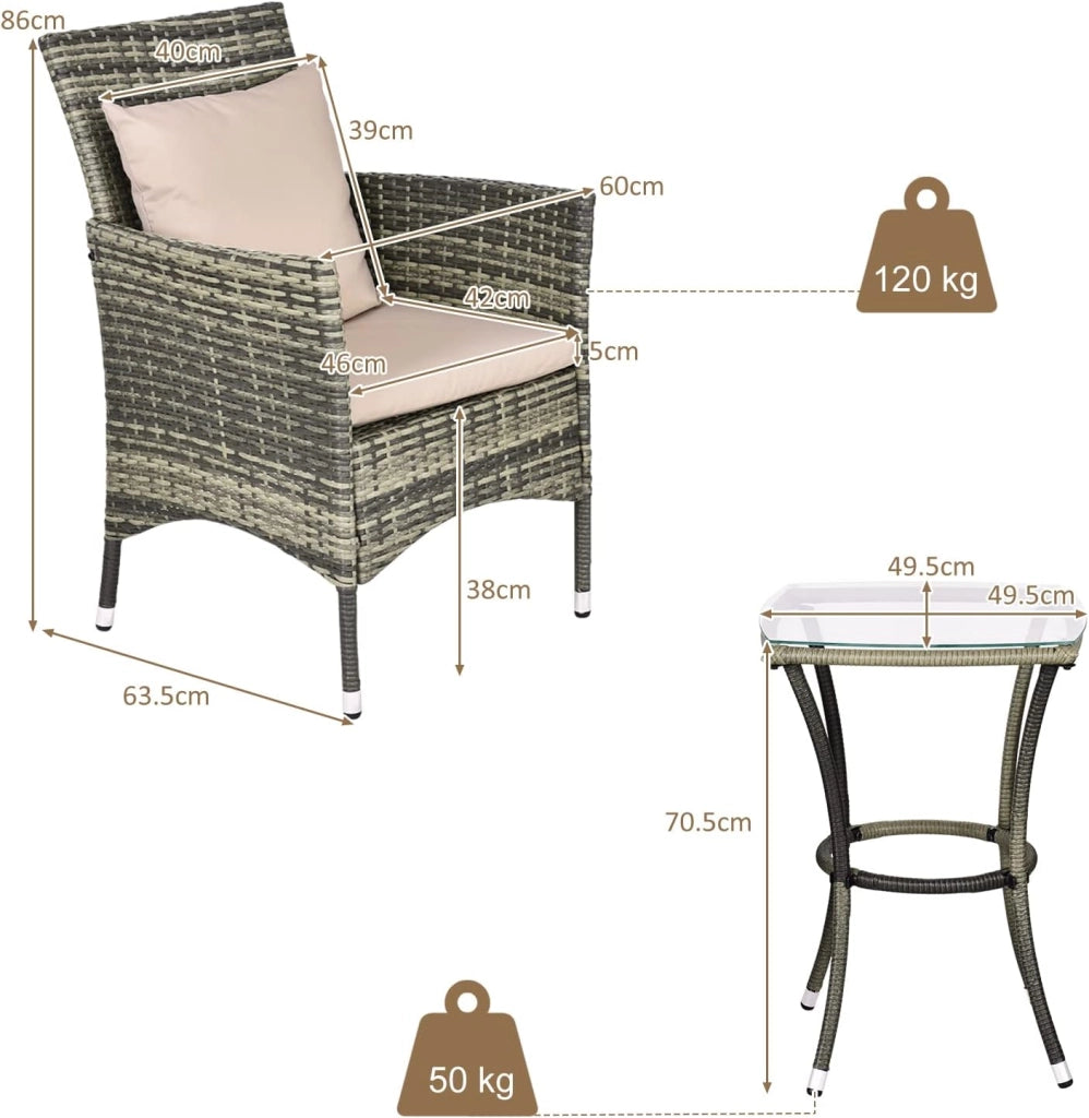 Set Mobili da Giardino in Rattan 3 Pezzi, Salottino da Giardino con 2 Poltrone e 1 Tavolino da Caffè in Vetro, Cuscini Inclusi, Resistente alle Intemperie