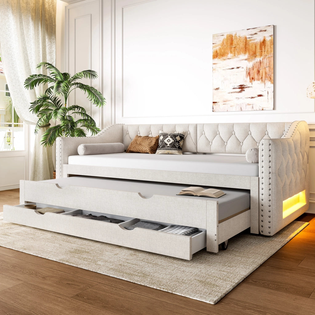 LETTO Giorno 90x200 cm Beige con LED, letto estraibile e 3 cassetti