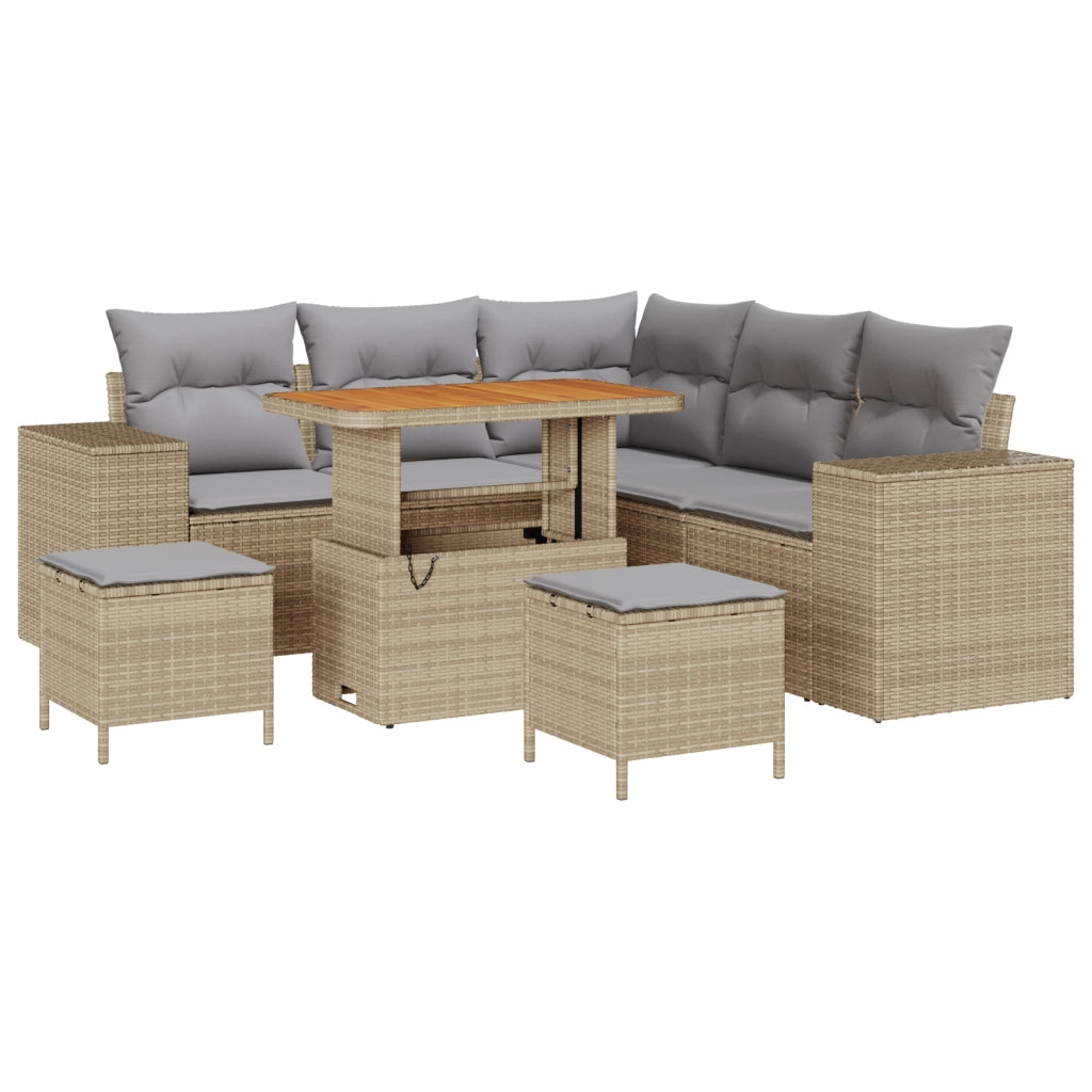 Set Divano da Giardino 8 Pezzi con Cuscini Beige Polyrattan Acacia