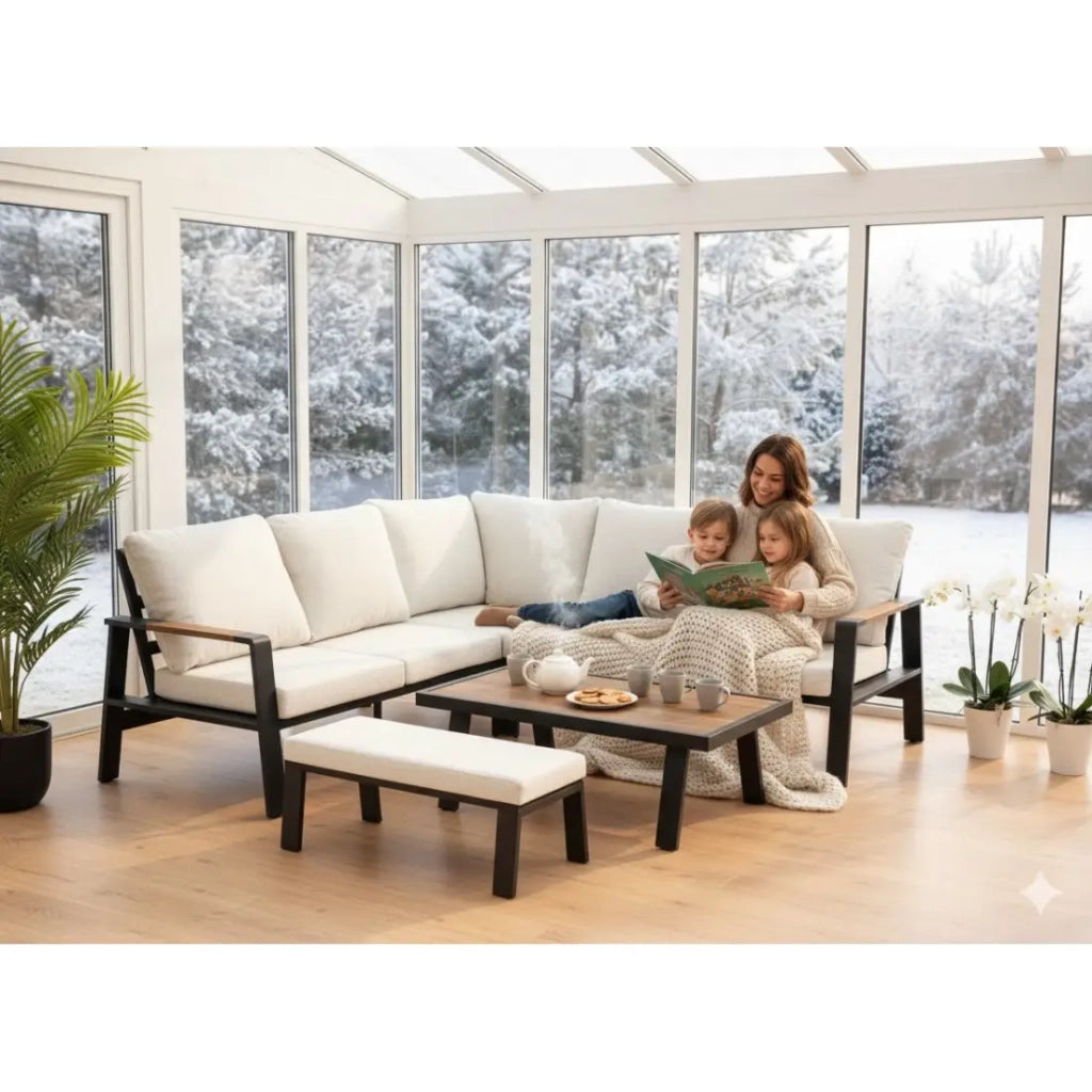 Salon da giardino angolare CALVARO 4 posti in alluminio nero con cuscini beige, panca e tavolino effetto legno