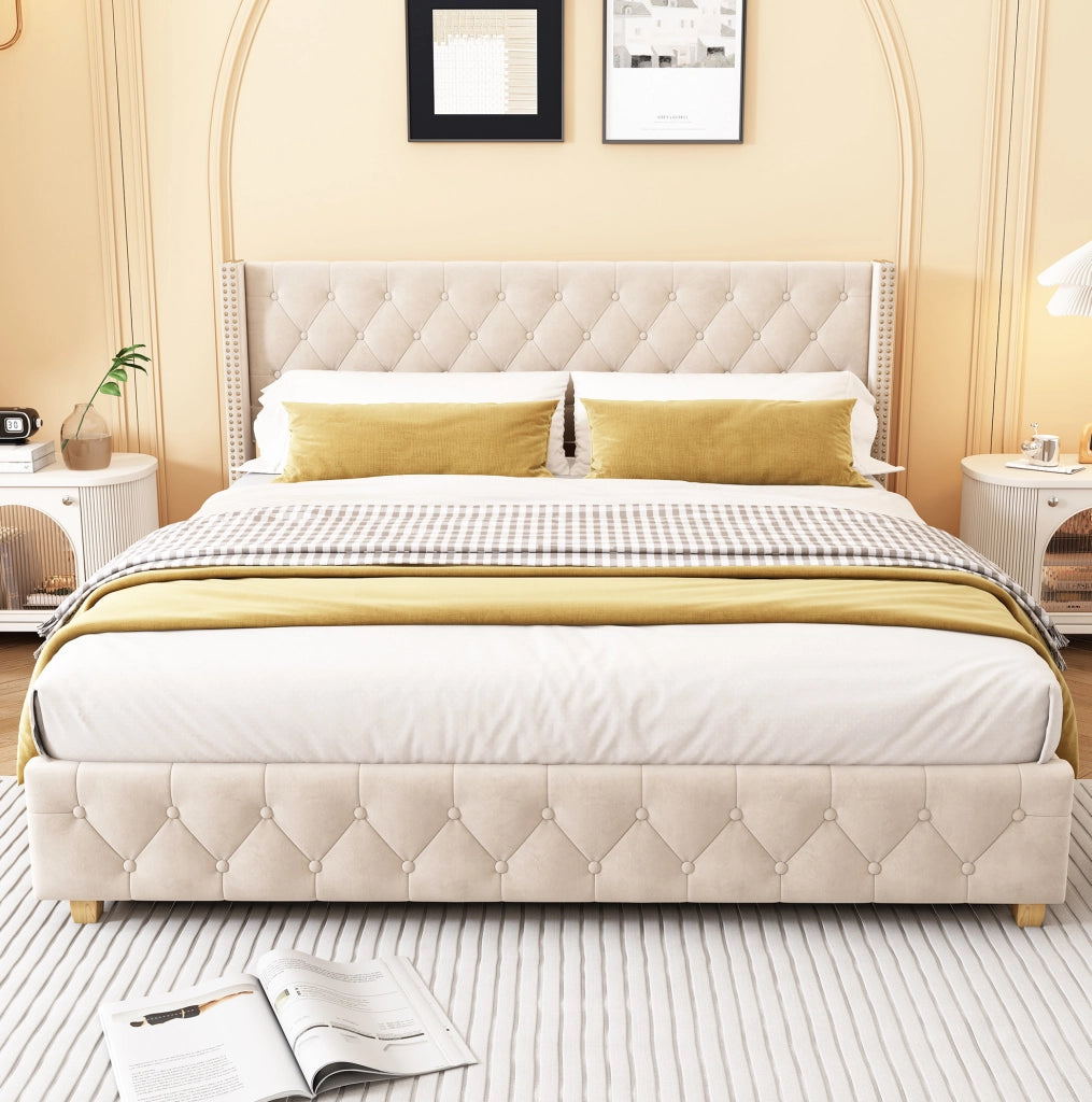 Letto imbottito 160x200 cm capitonn茅; velluto; beige chiaro (Senza materasso)