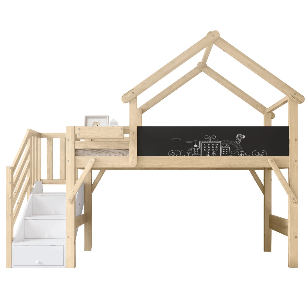 Letto a Castello 90x200 cm - Tetto; Lavagna e 3 Armadietti - in Legno - Bianco e Naturale