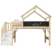 Letto a Castello 90x200 cm - Tetto; Lavagna e 3 Armadietti - in Legno - Bianco e Naturale