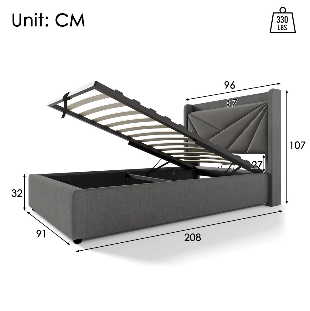 Letto singolo con contenitore 90x200 cm in cotone e lino grigio; con USB e USB-C
