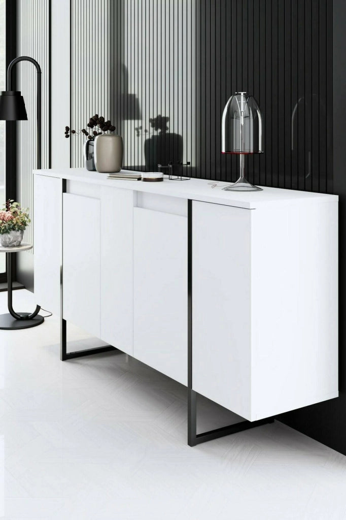 Credenza Arta, Buffet da soggiorno, Madia da salotto, Dispensa da cucina, 160x35h80 cm, Bianco e Nero