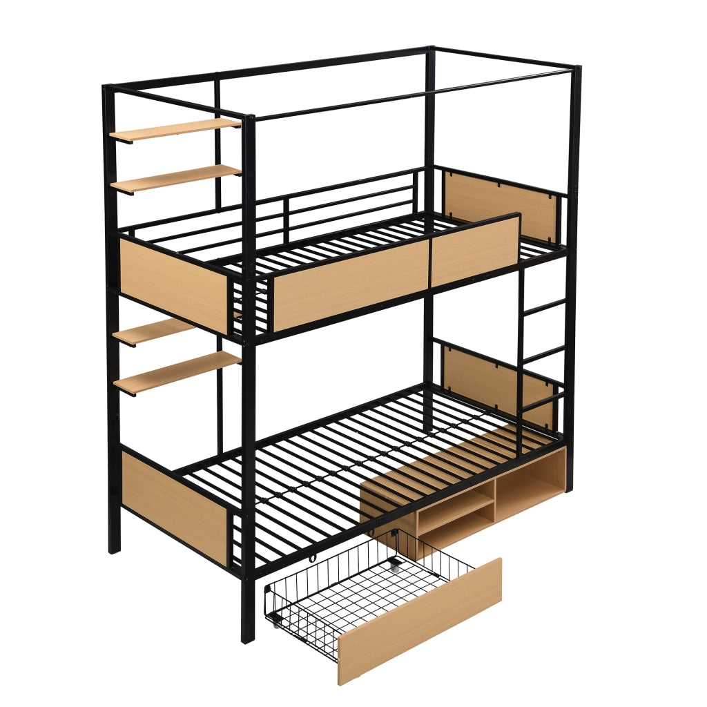 OKWISH Letto a castello 90×200 cm, Letto Singolo con 2 Ripiani Laterali, 2 Cassetti e Vano Contenitore, senza Materasso, MDF e Metallo, Nero e Naturale