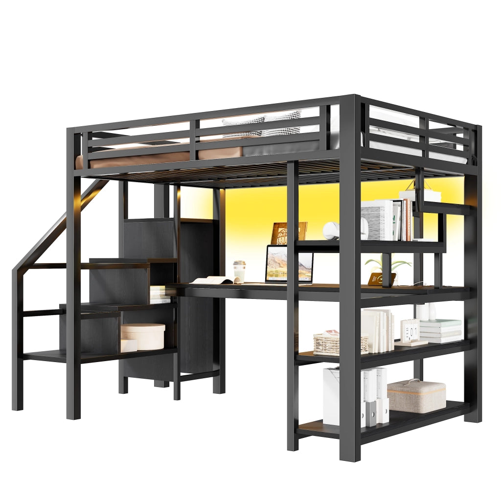 LETTO a soppalco 140x200 cm in metallo e MDF nero con scrivania, armadio e scala