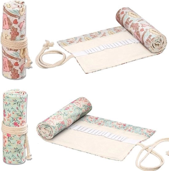 Set di 2 etui in tela, etui con 36 fori, 20 cm etui in tela, set di etui per matite a olio, matite a olio in tela.