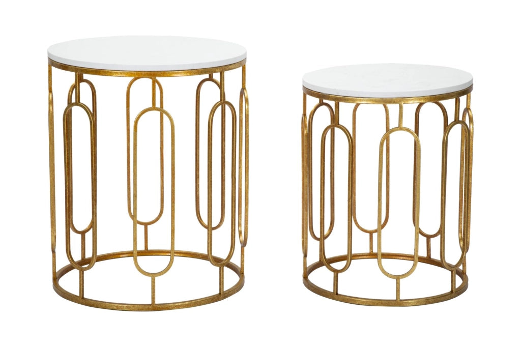 Tavolinetti Tory Marble Coppia Ø46x55-39x48 cm in Ferro e Marmo Oro e Bianco