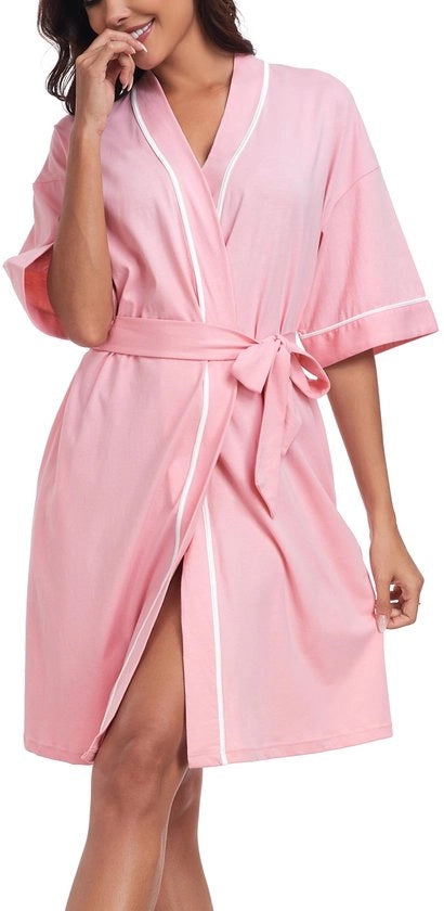 Badjassen da donna 100% cotone, giacca estiva leggera, maniche corte, kimono per sauna, abbigliamento notturno leggero e soffice per donna (rosa, XL)