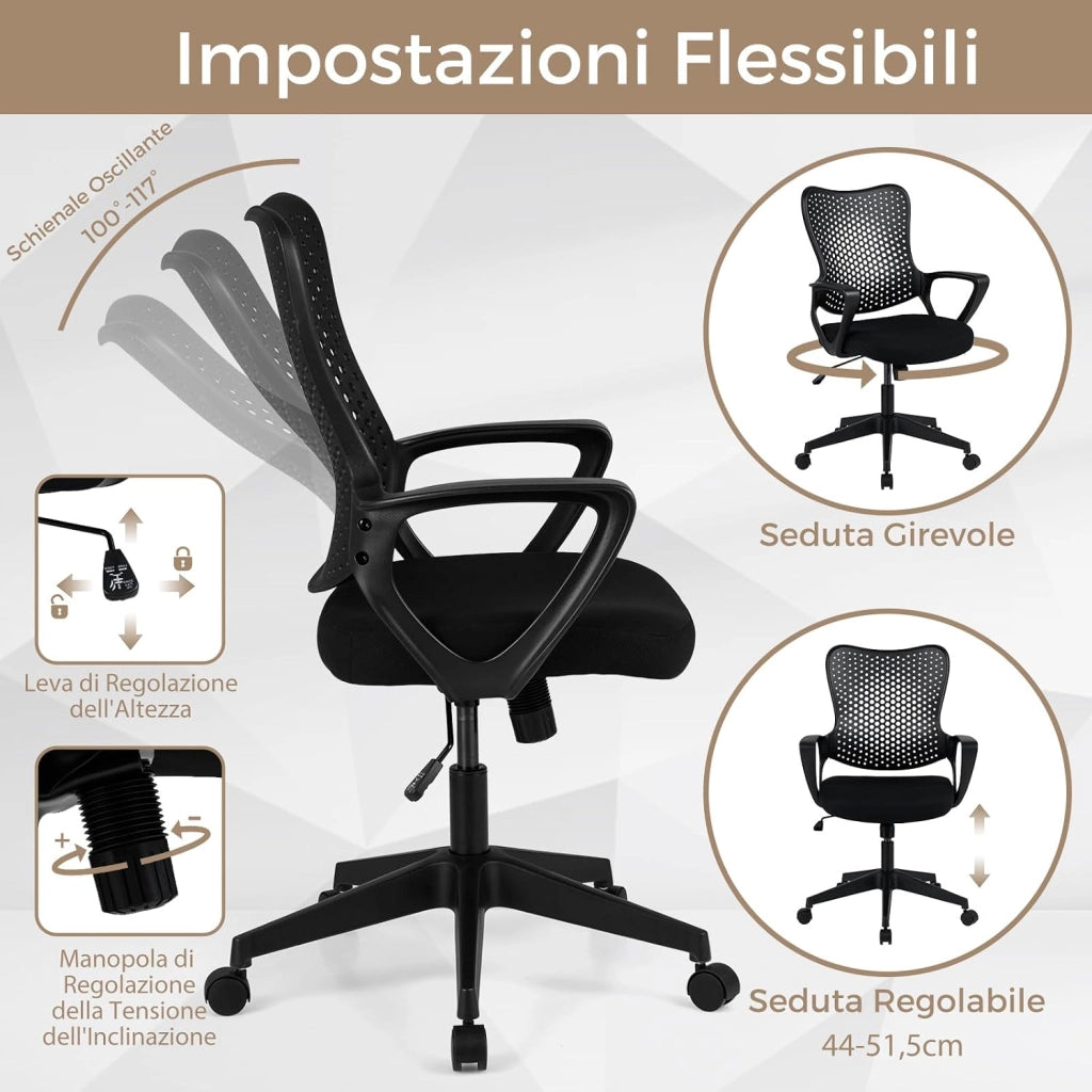 Sedia da Ufficio Ergonomica, con Schienale Reclinabile, Regolabile in Altezza, Sedia Scrivania con Seduta Girevole 360°e Ruote per Ufficio, Studio e Soggiorno, Portata 150 kg (Nero)