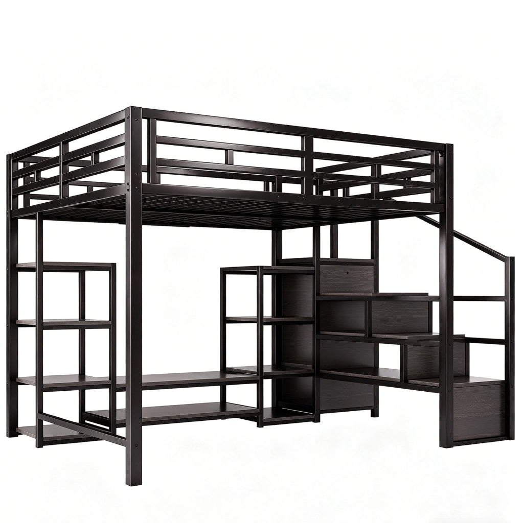 Letto a soppalco 140x200 con supporto TV, presa integrata e scala contenitore