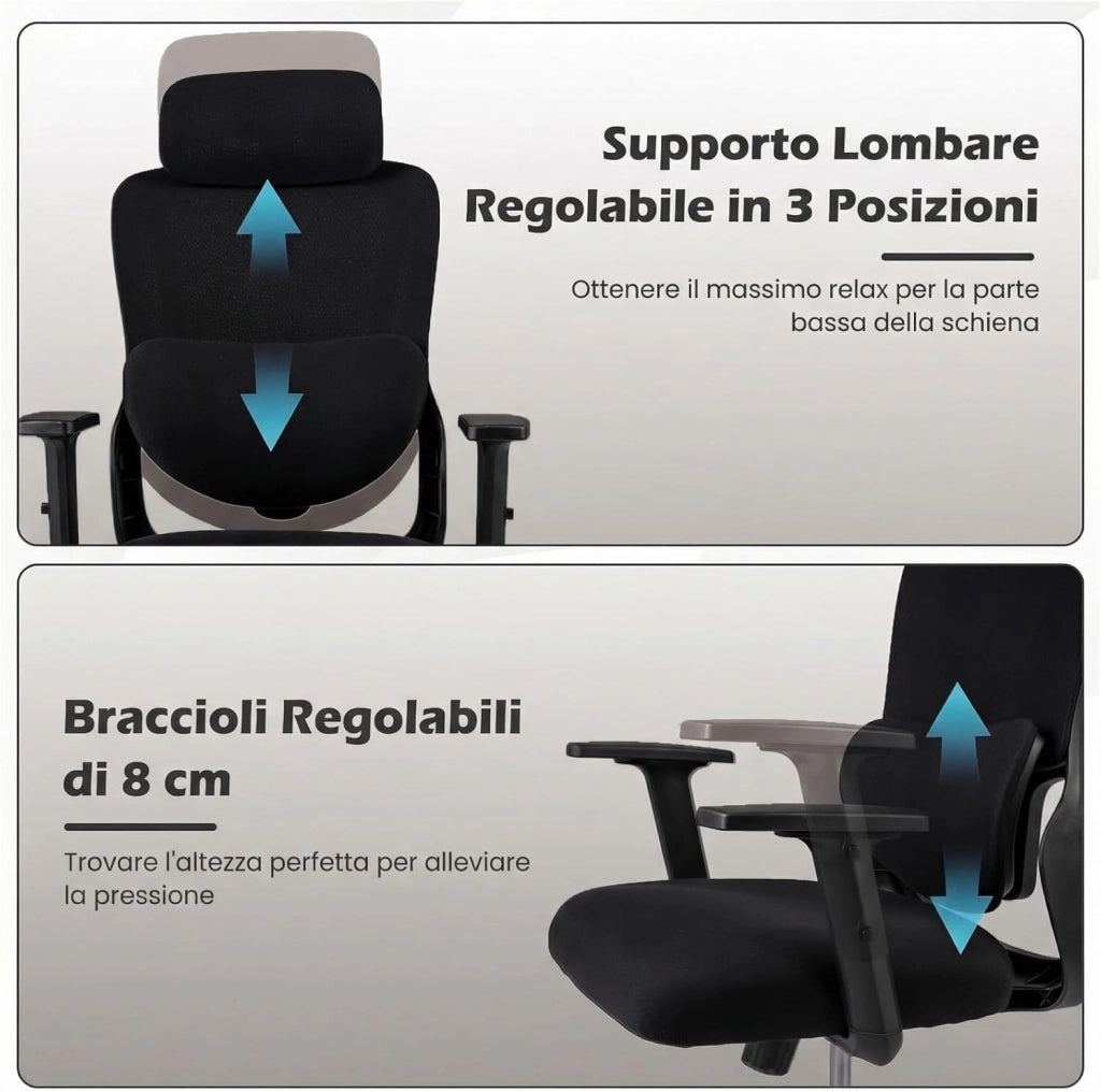 Sedia da Ufficio Ergonomica con Poggiatesta, Sedia da Scrivania con Schienale Regolabile, Supporto Lombare e Braccioli, Sedia da Lavoro Girevole per Computer per Casa, Ufficio e Studio