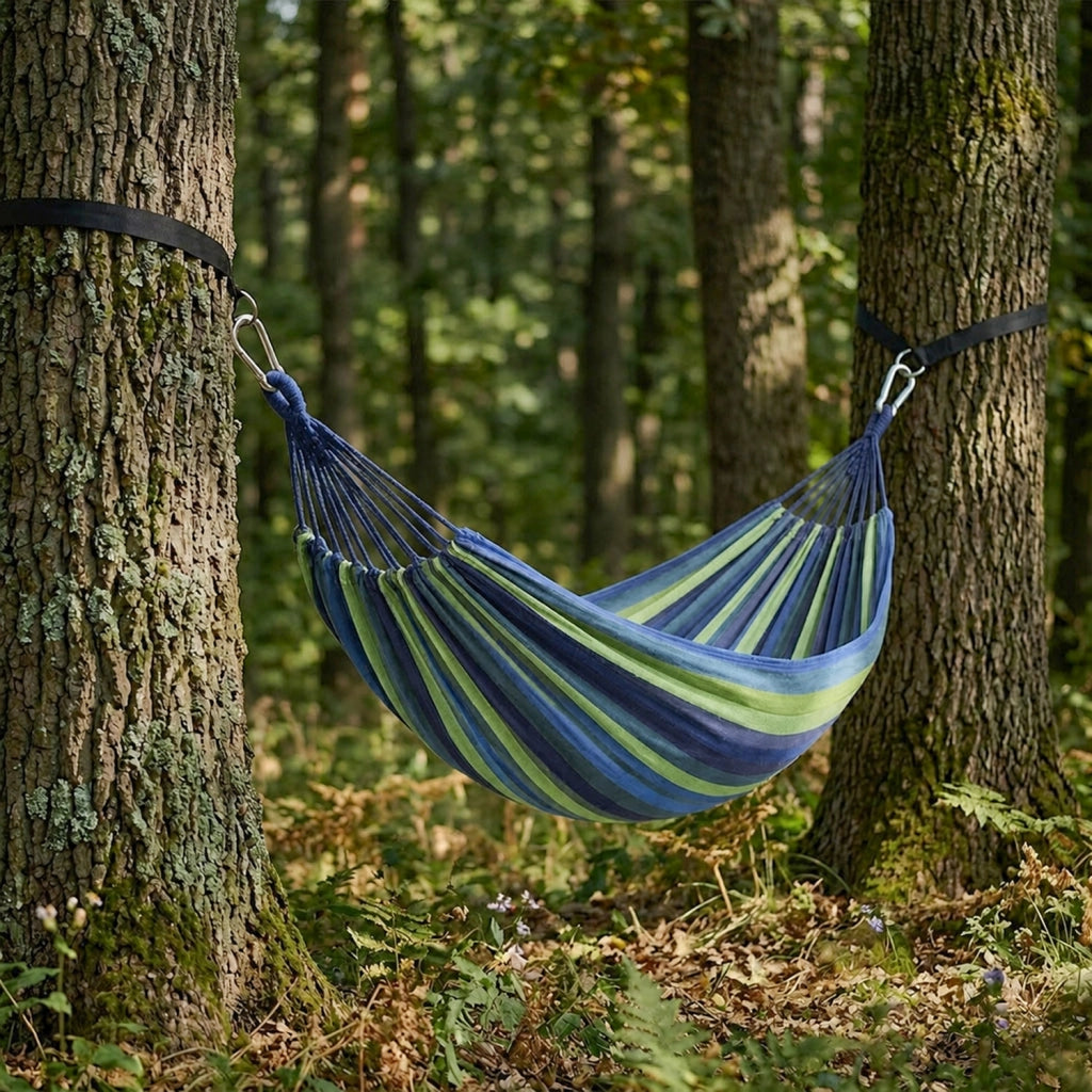 Amaca Per Campeggio E Giardino Con Borsa Portaoggetti Cinghie E Moschettoni Inclusi Design Anti Ribaltamento Cotone Robusto Portata 300 Kg 270 x 150 Cm Blu