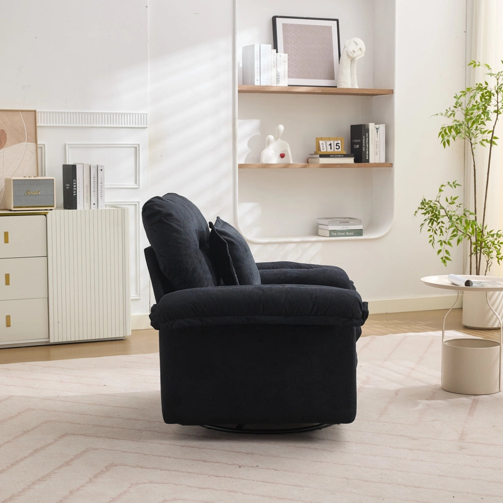 Poltrona girevole 360° in ciniglia con cuscino di supporto e base in metallo nero per lettura 116 × 84 × 96 cm