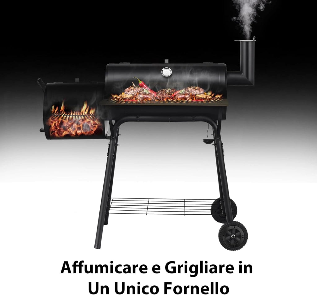 Barbecue a Carbonella in Metallo con Ruote e 2 Fornelli, Carrello per barbecue a carbonella per Esterno con Termometro, Affumicare e Grigliare 2 in 1, 115 x 65 x 108 cm
